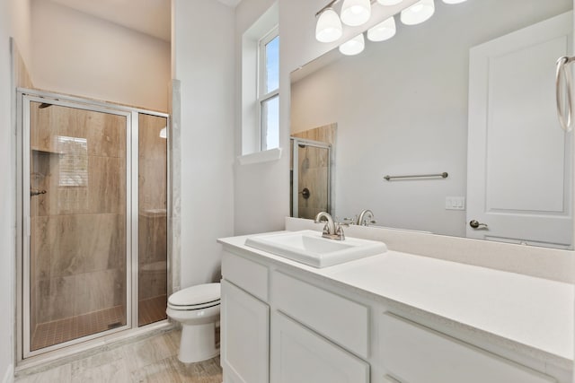 bathroom with toilet, vanity, and a shower stall