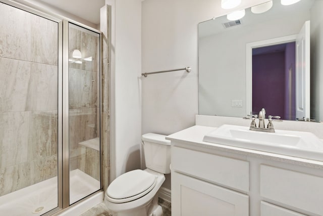 full bathroom with a shower stall, visible vents, toilet, and vanity
