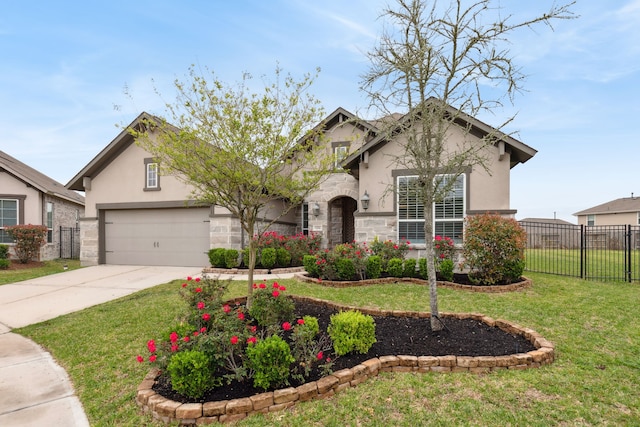 view of front of property featuring concrete driveway, stucco siding, fence, stone siding, and a front lawn