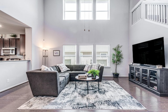 1100 Lasso Ct, Alvin, TX 77511 - living area featuring dark wood finished floors, a high ceiling, and baseboards