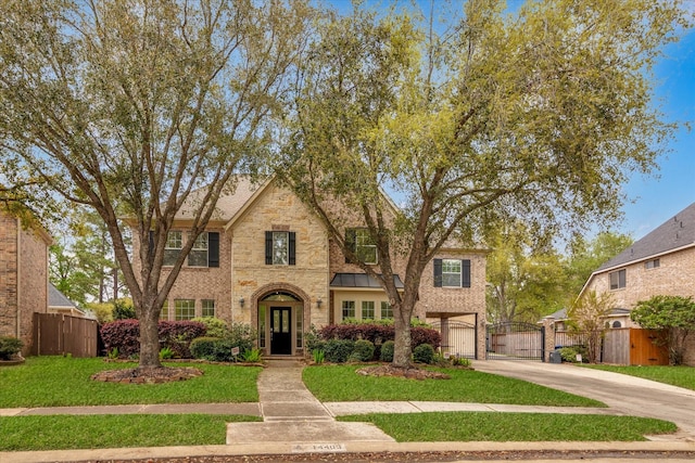 view of front facade featuring driveway, a gate, a front yard, fence, and brick siding