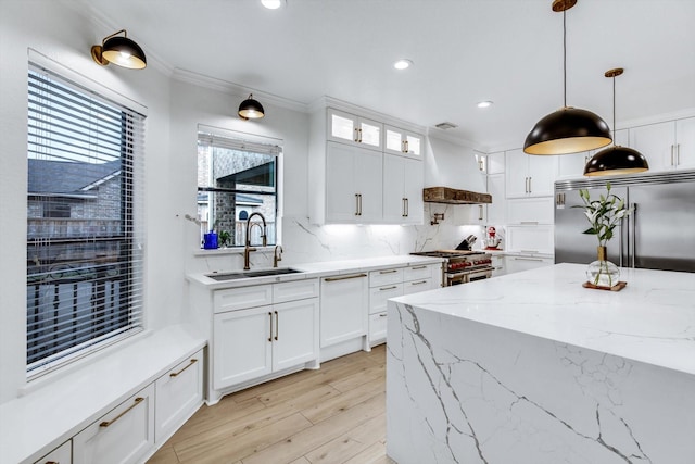 kitchen with premium range hood, ornamental molding, decorative backsplash, a sink, and high end appliances