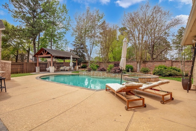 view of swimming pool featuring a fenced backyard, a fenced in pool, a gazebo, an in ground hot tub, and a patio area