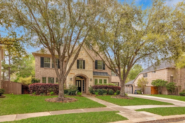 view of front of home featuring driveway, fence, brick siding, a front lawn, and a garage