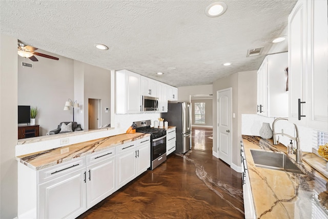 10515 Wind Walker Trl, Houston, TX 77095 - kitchen featuring a ceiling fan, visible vents, a sink, stainless steel appliances, and white cabinets