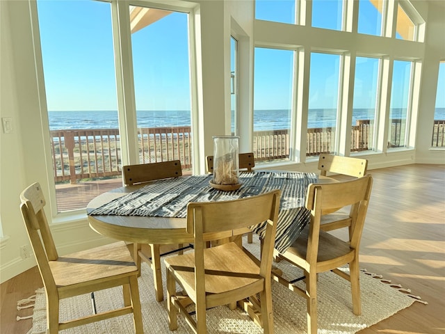 sunroom with a water view and a view of the beach