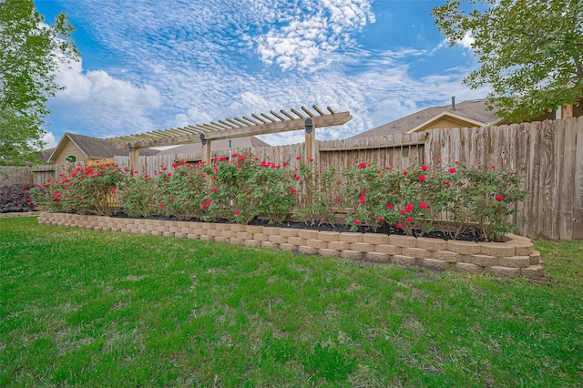 view of yard with a fenced backyard and a pergola