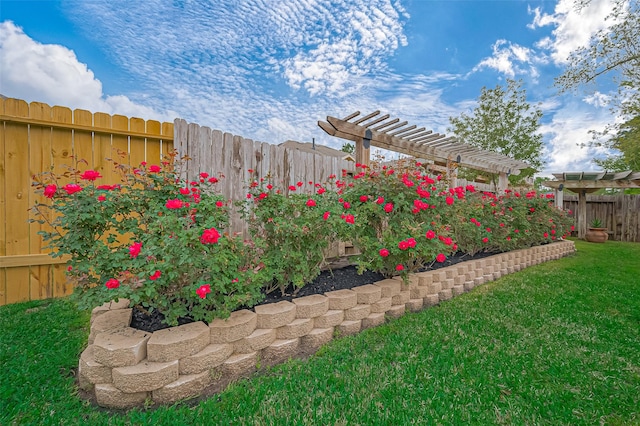 view of yard with a pergola and a fenced backyard
