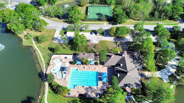 aerial view featuring a water view