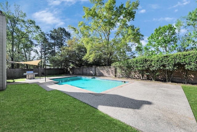view of swimming pool featuring a fenced backyard, a fenced in pool, a patio area, and a yard