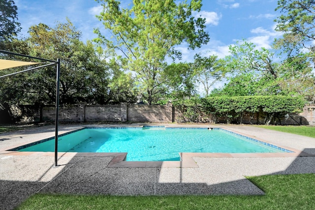 view of swimming pool with a fenced backyard, a patio area, and a fenced in pool