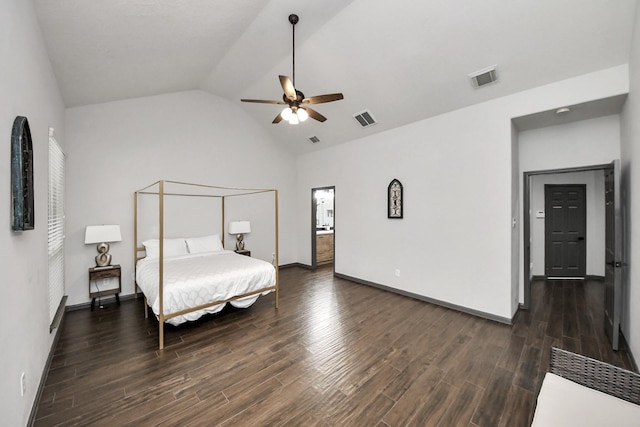 bedroom with visible vents, wood finished floors, lofted ceiling, and a ceiling fan