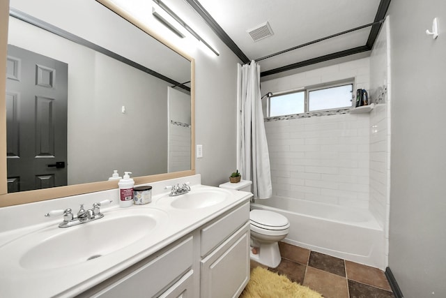 full bathroom with toilet, a sink, shower / tub combo with curtain, and visible vents