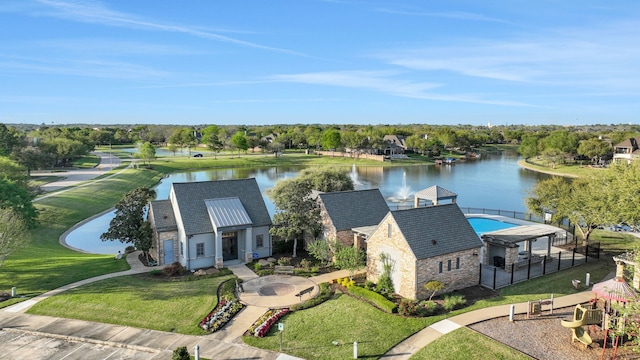 bird's eye view with a water view