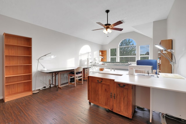 kitchen with light countertops, vaulted ceiling, dark wood-style floors, ceiling fan, and brown cabinetry