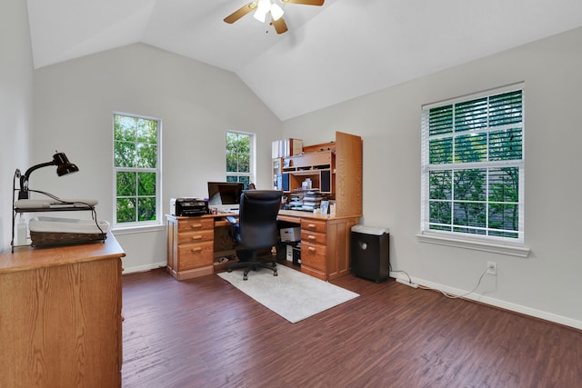 office area with dark wood-style floors, baseboards, vaulted ceiling, and ceiling fan