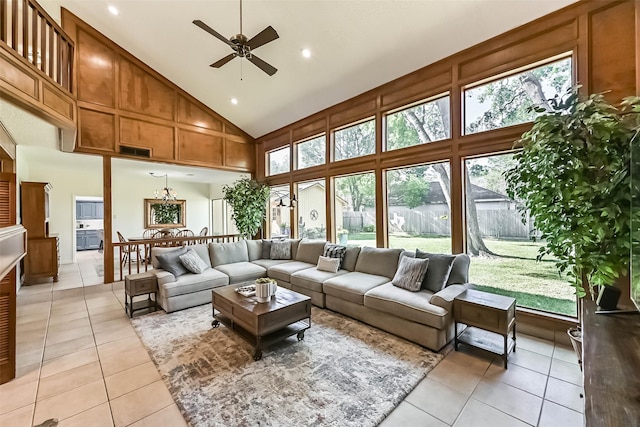 307 Crestwood Dr, El Lago, TX 77586 - living area with high vaulted ceiling, a ceiling fan, light tile patterned floors, visible vents, and recessed lighting