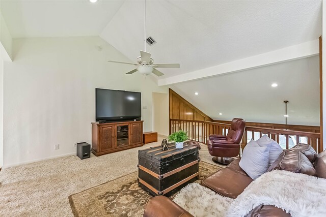 307 Crestwood Dr, El Lago, TX 77586 - carpeted living room featuring recessed lighting, baseboards, visible vents, vaulted ceiling with beams, and ceiling fan