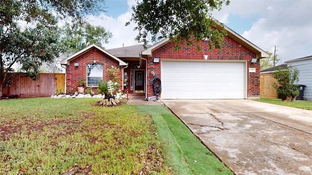 ranch-style home with fence, an attached garage, driveway, a front lawn, and brick siding