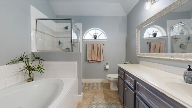 full bathroom with plenty of natural light, a bath, a stall shower, and vanity