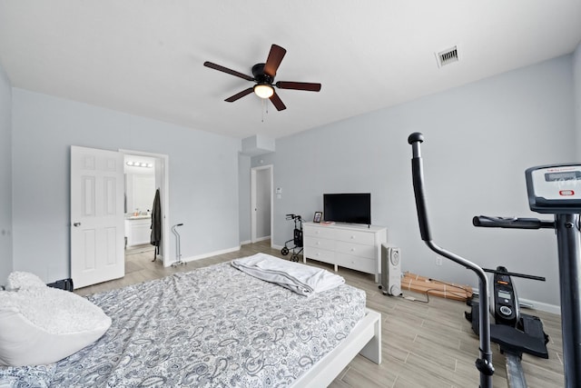 13619 Bonilla Ln, Houston, TX 77083 - bedroom featuring light wood finished floors, baseboards, visible vents, and ceiling fan