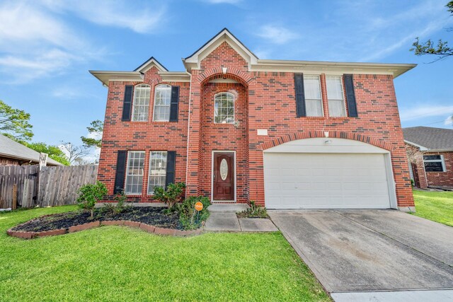 13619 Bonilla Ln, Houston, TX 77083 - view of front of house featuring concrete driveway, fence, an attached garage, a front yard, and brick siding