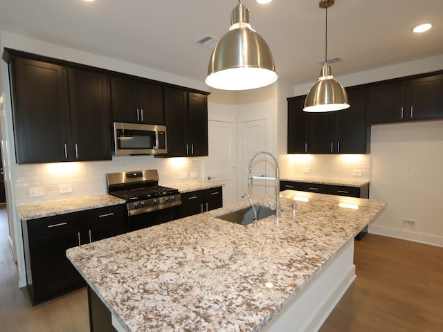 16208 Mcdonald County Ct, Montgomery, TX 77316 - kitchen with stainless steel appliances, a sink, wood finished floors, light stone counters, and tasteful backsplash