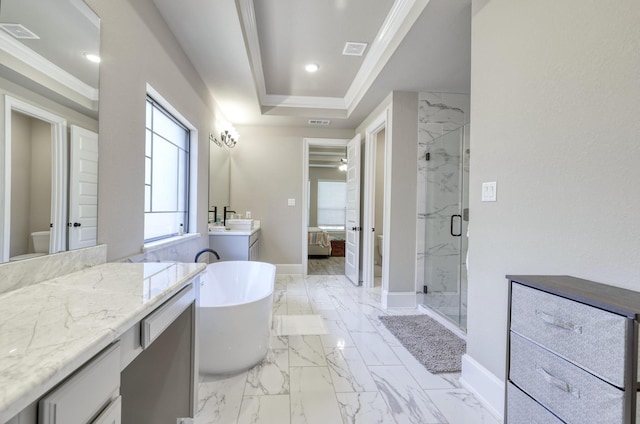 17473 Chestnut Cove Dr, Conroe, TX 77302 - full bath featuring toilet, a marble finish shower, vanity, a freestanding tub, and marble finish floors
