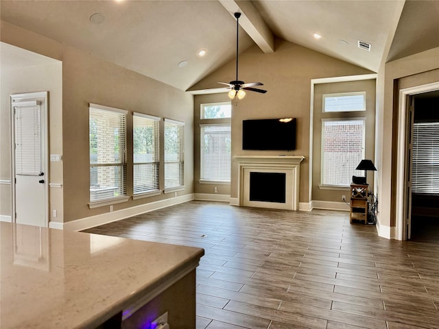 17473 Chestnut Cove Dr, Conroe, TX 77302 - living area featuring a ceiling fan, a fireplace, wood finished floors, baseboards, and recessed lighting