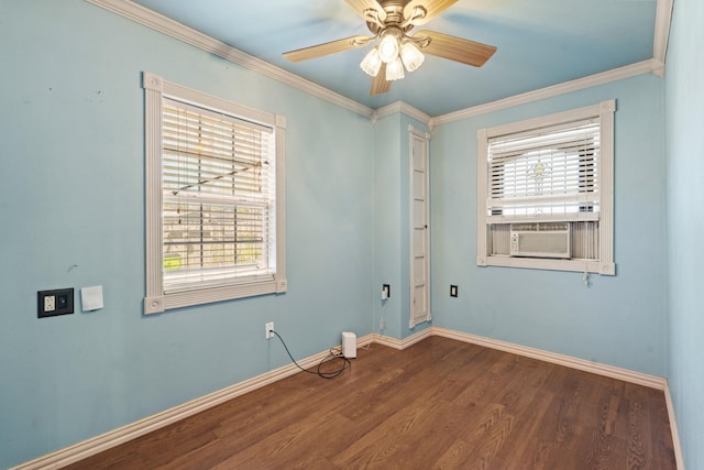 413 Mulcahy St, Rosenberg, TX 77471 - unfurnished room featuring baseboards, ornamental molding, wood finished floors, ceiling fan, and cooling unit