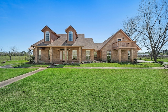 view of front of home with a shingled roof, a balcony, a front yard, and brick siding