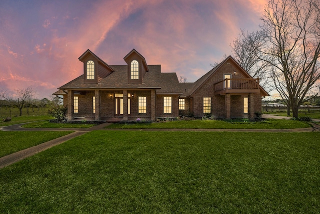 view of front of house featuring a lawn, brick siding, and a balcony