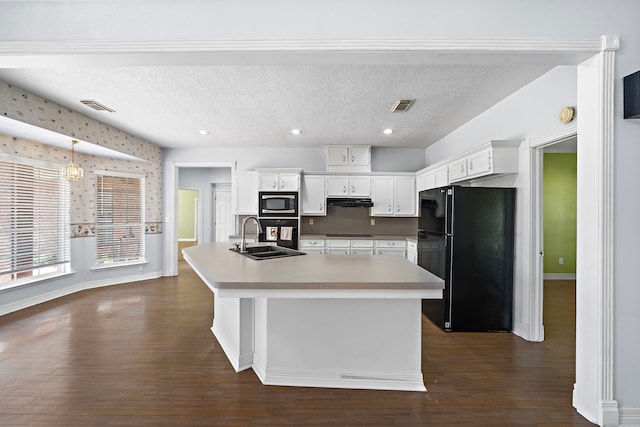 kitchen featuring a sink, black appliances, ventilation hood, and visible vents