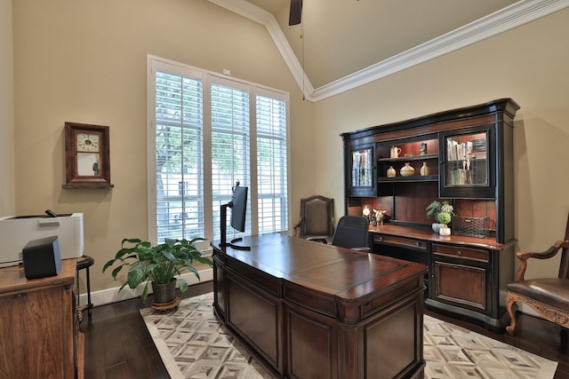 15614 Lake Iris Dr, Houston, TX 77070 - office with lofted ceiling, crown molding, a ceiling fan, and light wood finished floors
