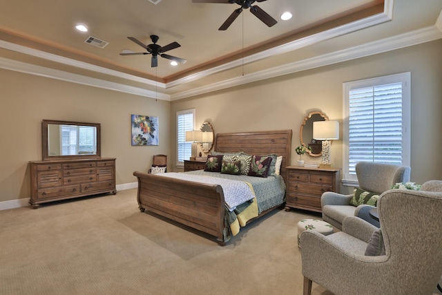 15614 Lake Iris Dr, Houston, TX 77070 - bedroom with a tray ceiling, ornamental molding, light carpet, recessed lighting, and ceiling fan