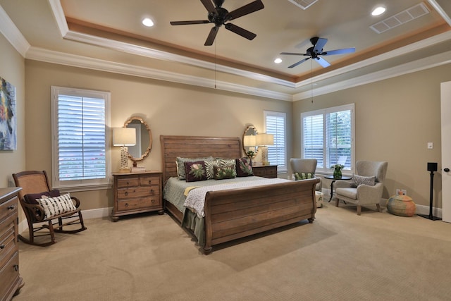 15614 Lake Iris Dr, Houston, TX 77070 - bedroom with a tray ceiling, light colored carpet, ornamental molding, recessed lighting, and a ceiling fan