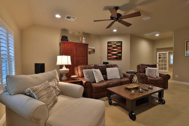 15614 Lake Iris Dr, Houston, TX 77070 - living area featuring ceiling fan, recessed lighting, light colored carpet, and lofted ceiling