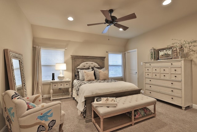 15614 Lake Iris Dr, Houston, TX 77070 - bedroom with light colored carpet, recessed lighting, lofted ceiling, and a ceiling fan