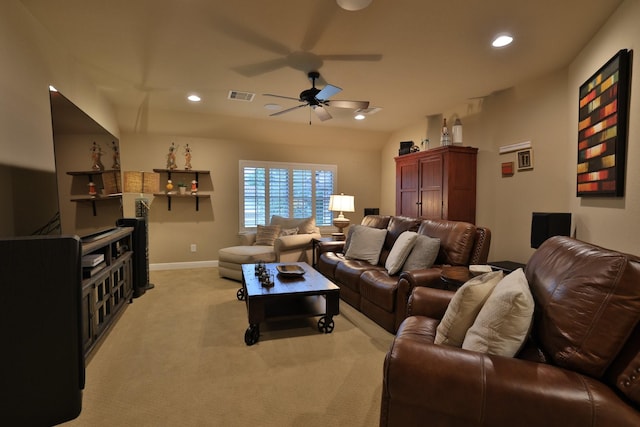 15614 Lake Iris Dr, Houston, TX 77070 - living area featuring light colored carpet, a ceiling fan, and recessed lighting