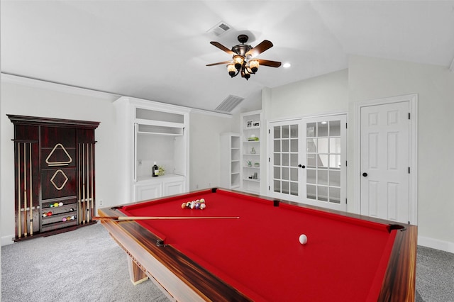14 Wind River Dr, Conroe, TX 77384 - rec room with carpet, ceiling fan, pool table, vaulted ceiling, and baseboards