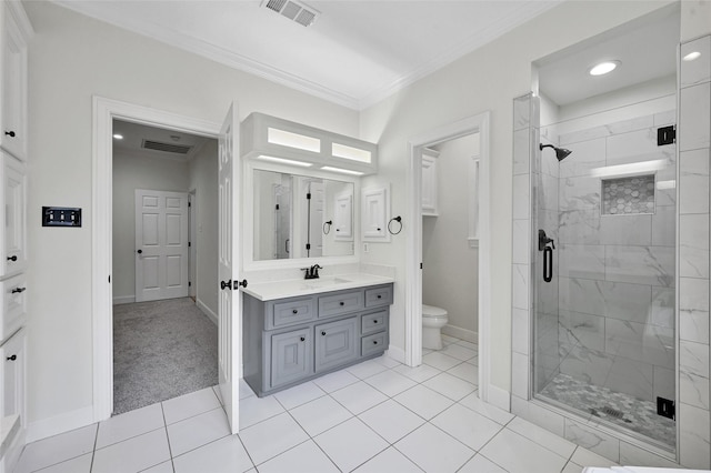 14 Wind River Dr, Conroe, TX 77384 - bathroom featuring a shower stall, crown molding, toilet, baseboards, and vanity