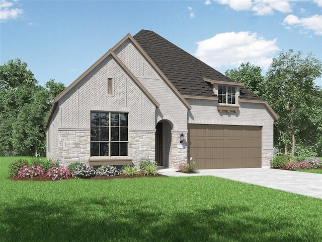 view of front of home with a front yard, stone siding, brick siding, an attached garage, and driveway