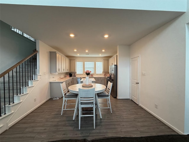 2412 Elliott Shore Ln, La Porte, TX 77571 - dining room featuring baseboards, stairs, recessed lighting, and dark wood finished floors
