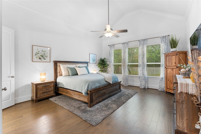 106 Golden Eye Ct, Montgomery, TX 77316 - bedroom featuring vaulted ceiling, dark wood finished floors, crown molding, baseboards, and a ceiling fan
