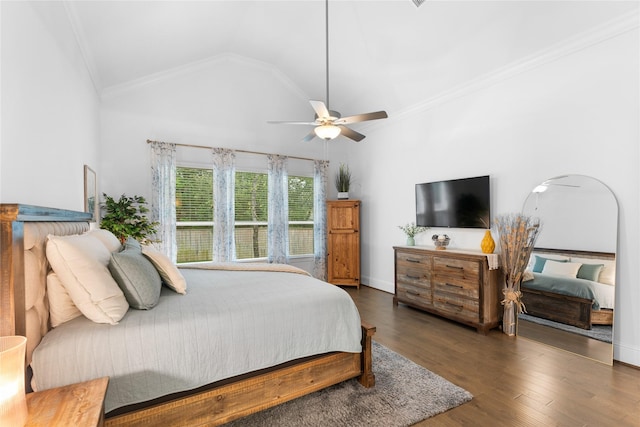106 Golden Eye Ct, Montgomery, TX 77316 - bedroom featuring crown molding, wood finished floors, lofted ceiling, a ceiling fan, and baseboards