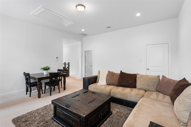 106 Golden Eye Ct, Montgomery, TX 77316 - carpeted living room with attic access, baseboards, and recessed lighting