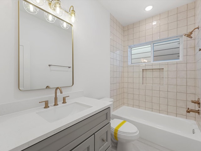 bathroom with shower / bath combination, recessed lighting, toilet, and vanity