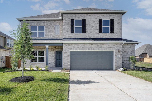 view of front of property with a front lawn, fence, brick siding, concrete driveway, and an attached garage