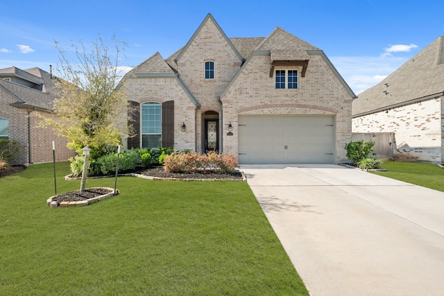 french country home featuring a garage, a front yard, brick siding, driveway, and a shingled roof