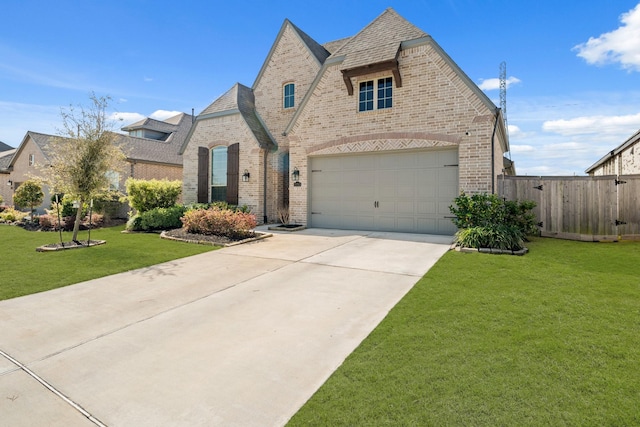 french provincial home with brick siding, concrete driveway, a garage, and a front lawn